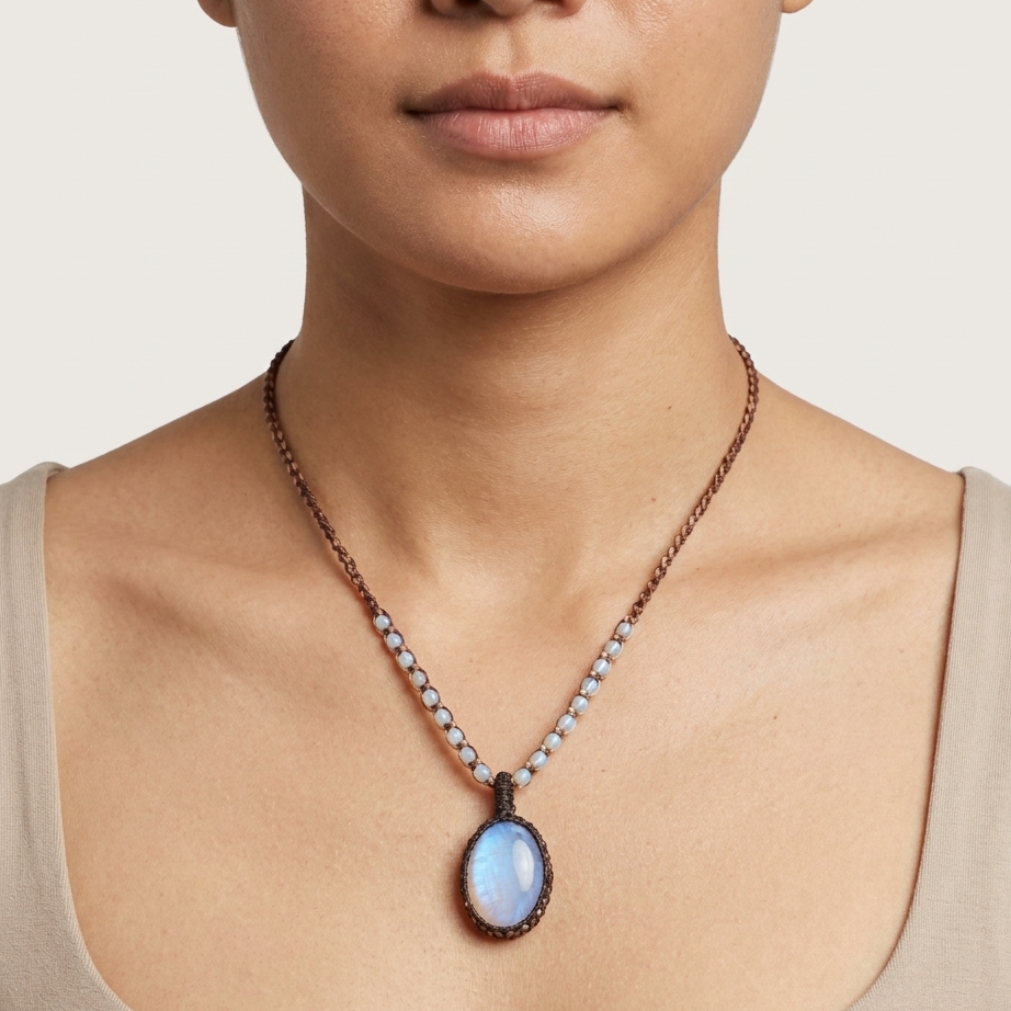 Opalite Pendant Necklace featuring a smooth opalite stone and macramé design, worn by a model.