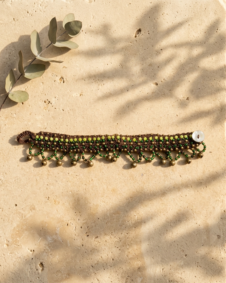 Boho Anklets – Brown Macramé with Green Cat’s Eye Beads on a stone surface with shadows.