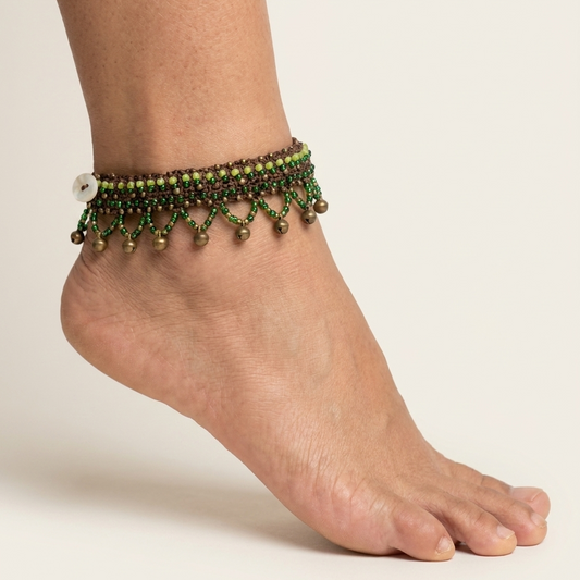 Boho Anklets – Handmade brown macramé anklet with green cat's eye beads and antique brass accents.