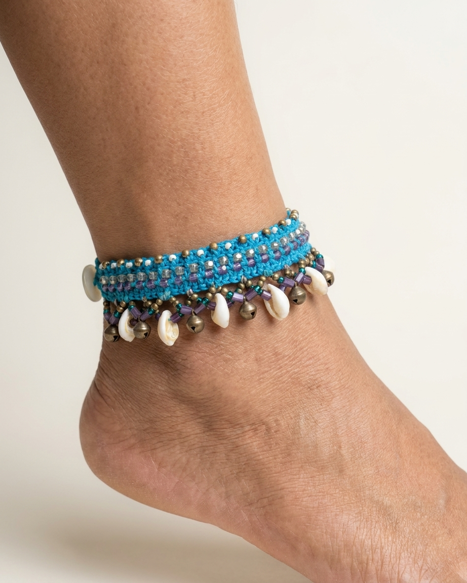 Tropical Macramé Cowrie Shell Anklets – with Stones, Charms & Bead