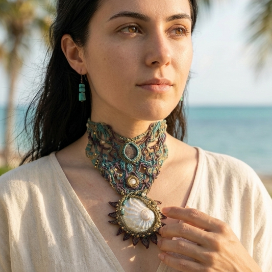 Woman wearing a Shell Pendant – Ocean Priestess Abalone Statement Choker by the beach.