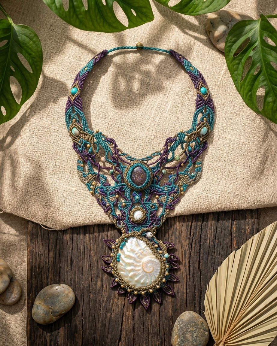 Shell Pendant – Ocean Priestess Abalone Statement Choker with micromacramé design and colorful stones.
