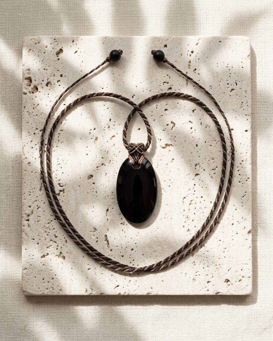 Black Onyx Necklace – Midnight Wanderer Talisman featuring a natural oval black onyx stone on a macramé cord.