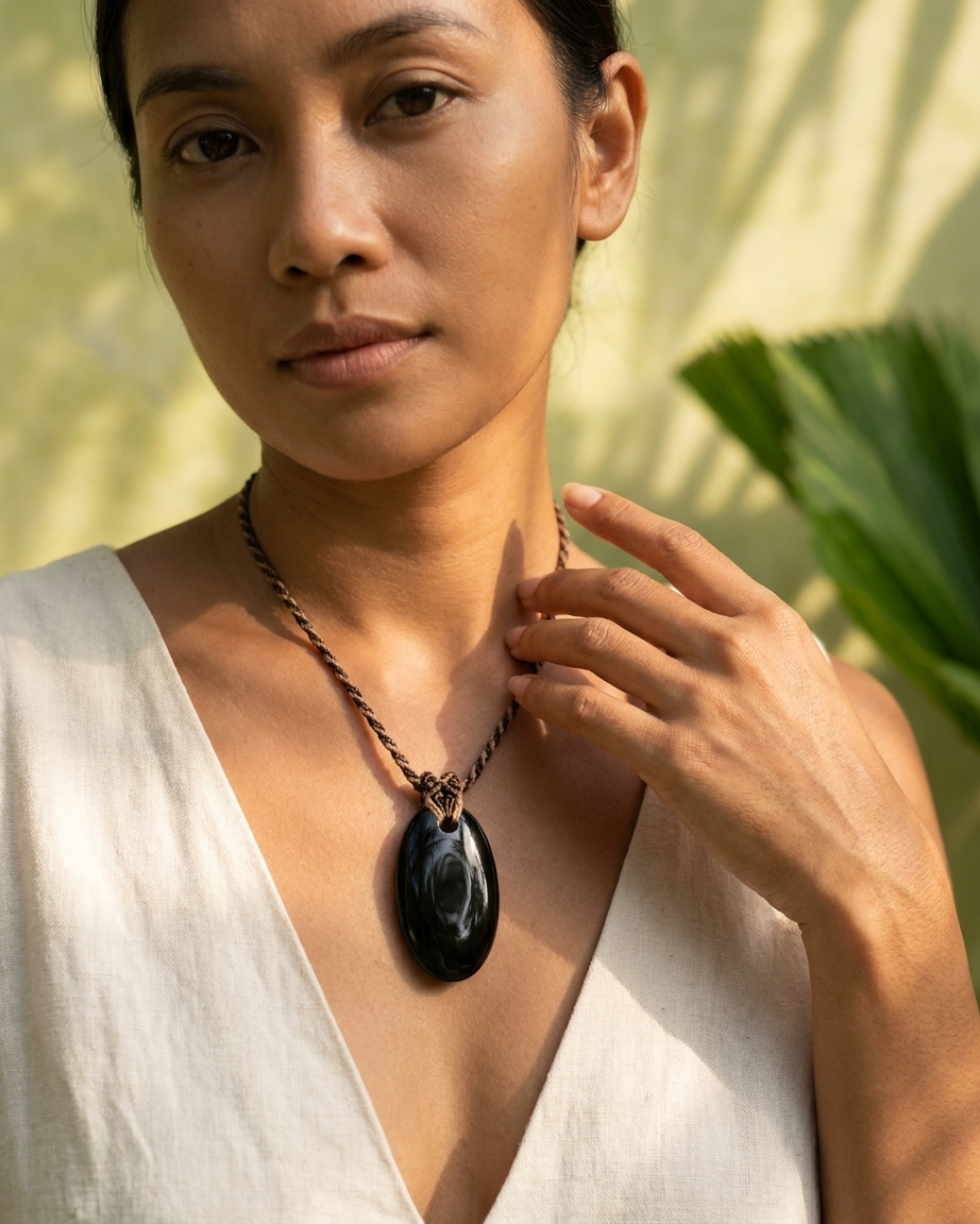 Woman wearing a Black Onyx Necklace – Midnight Wanderer Talisman, showcasing its natural beauty and macramé design.