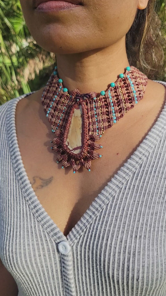 Fossilized Wood Pendant on Wide Earth-Tone Boho Choker Necklace