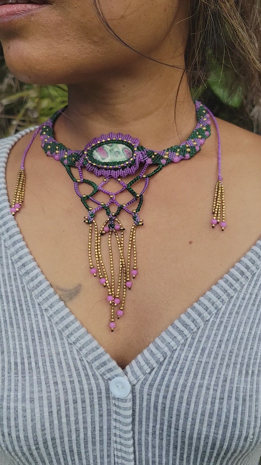 Ruby Zoisite – Handmade Boho Choker with Pink and Brass Accents