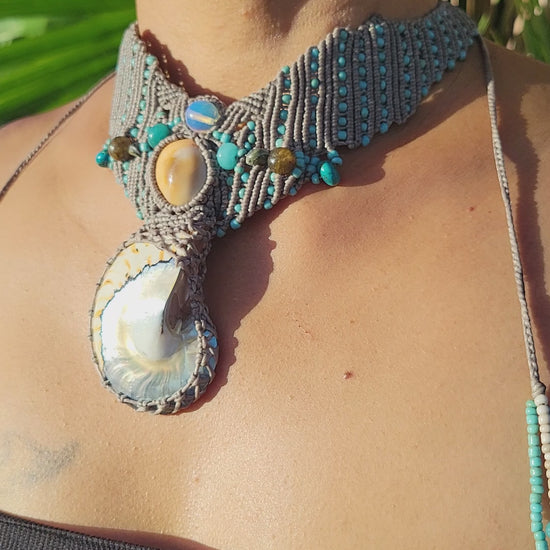 Nautilus and tiny shiva eye shell Ocean boho choker necklace