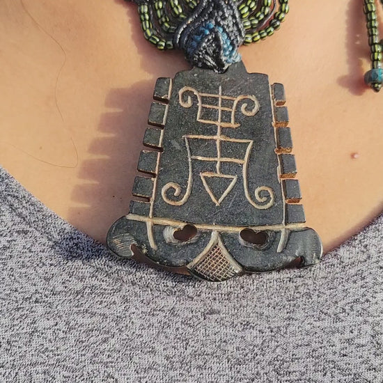 Rare Vintage Black Jade Veve Pendant Necklace-African Amulet