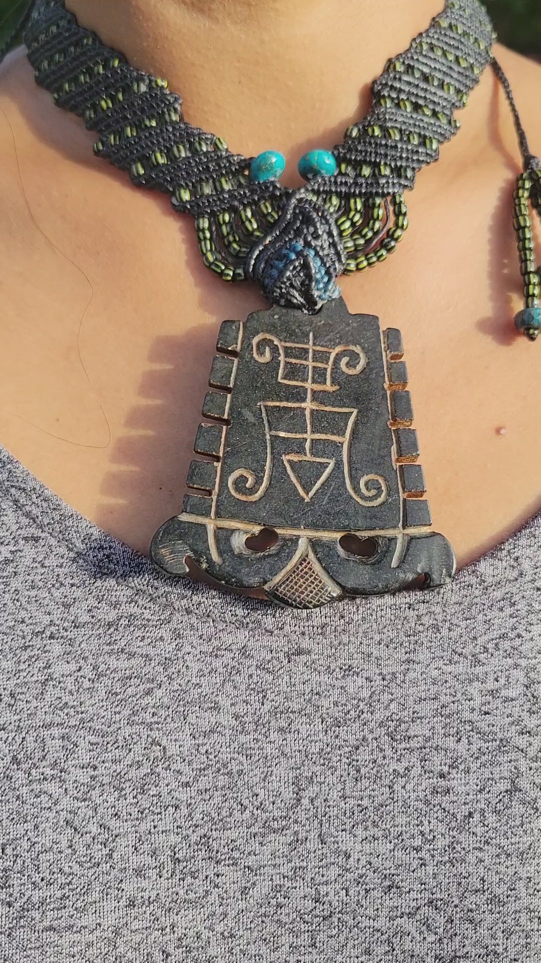 Rare Vintage Black Jade Veve Pendant Necklace-African Amulet