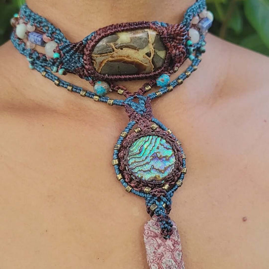 Polychrome Jasper & Crazy Lace Agate Macramé Necklace