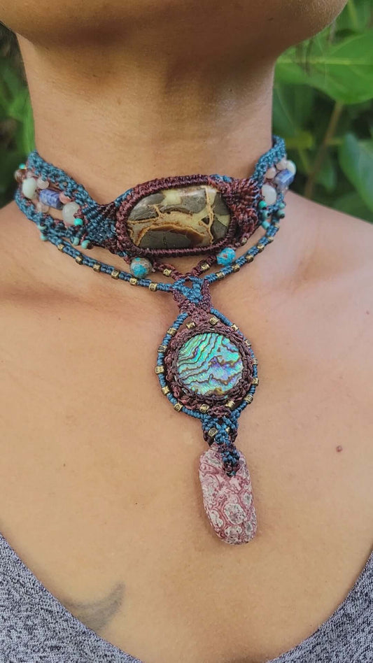 Polychrome Jasper & Crazy Lace Agate Macramé Necklace