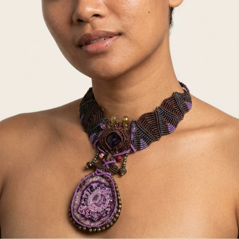 Agate Necklace showcasing a purple stalactite pendant and micromacramé choker worn by a model.