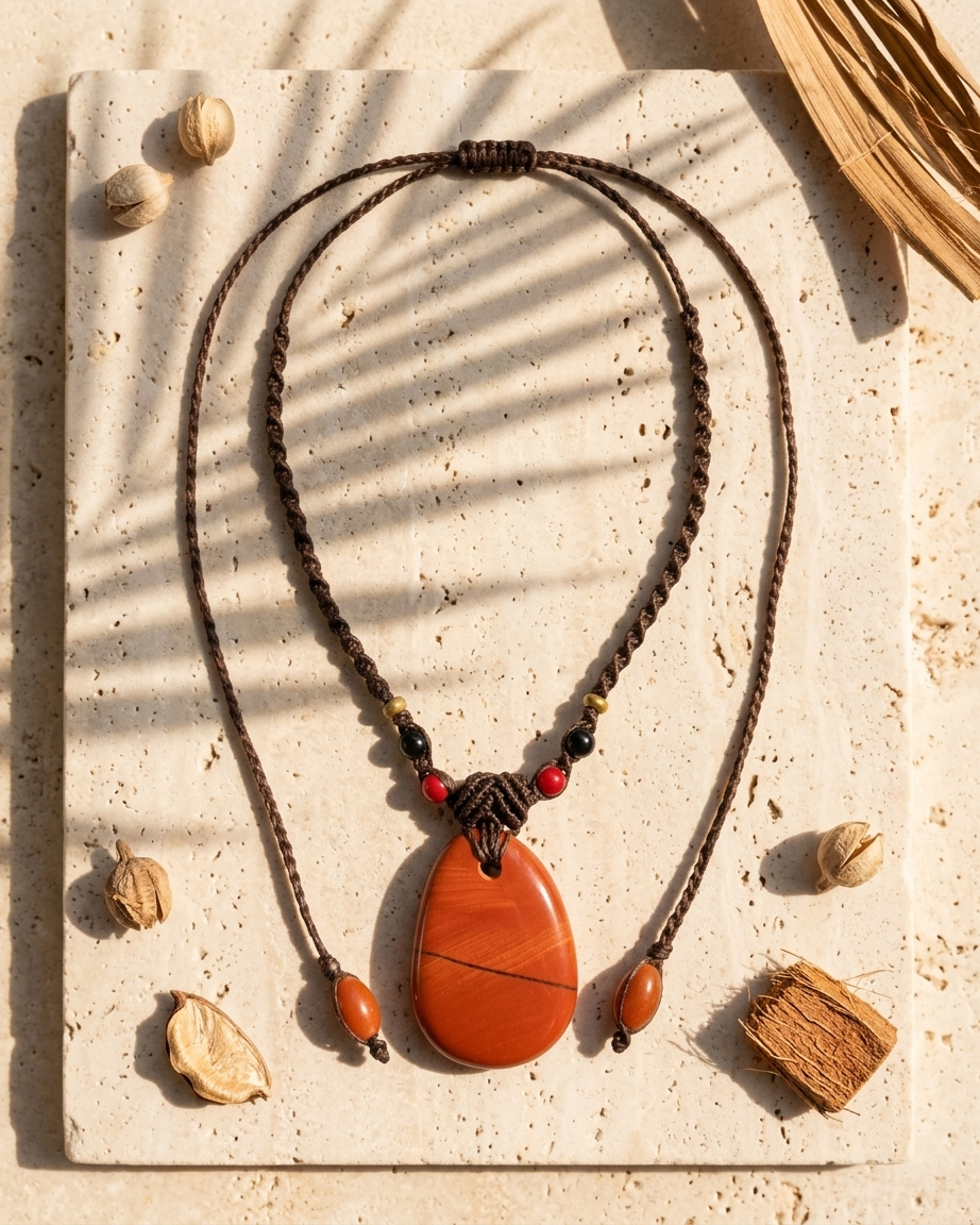 Jasper Healing Stone pendant necklace featuring natural red jasper on an adjustable brown cord, set on a textured stone background.