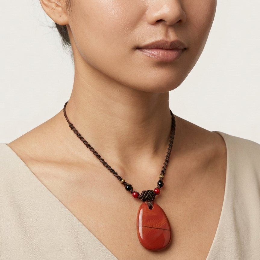 Jasper Healing Stone pendant worn on a woman, showcasing the natural beauty of red jasper in a minimalist design.