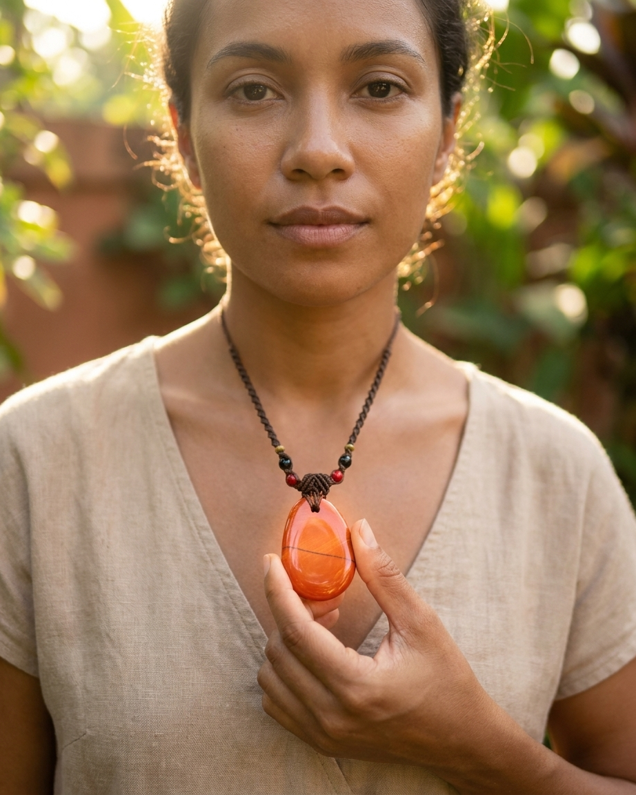 Jasper Healing Stone pendant worn by a woman, showcasing its natural beauty in a boho style necklace.