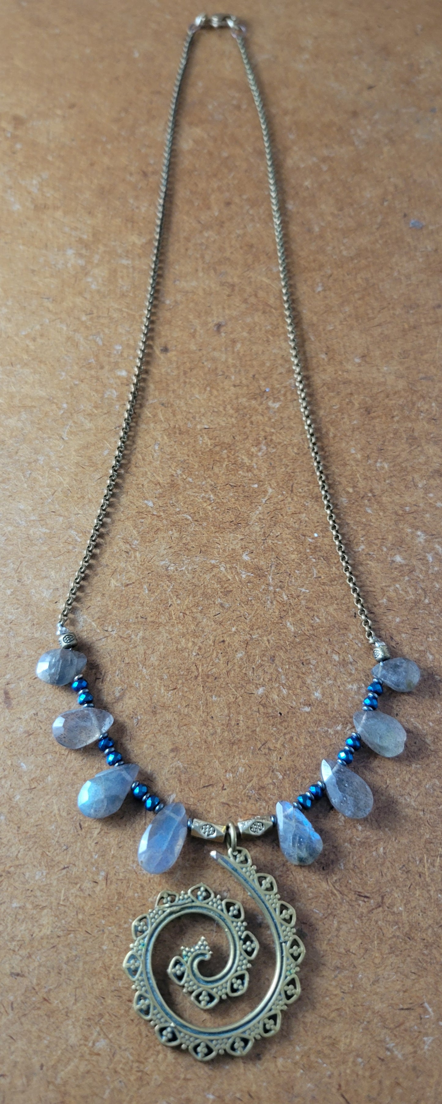 Spiral Pendant Necklace – Vintage Brass with Labradorite & Aura Titanium Boho Beads