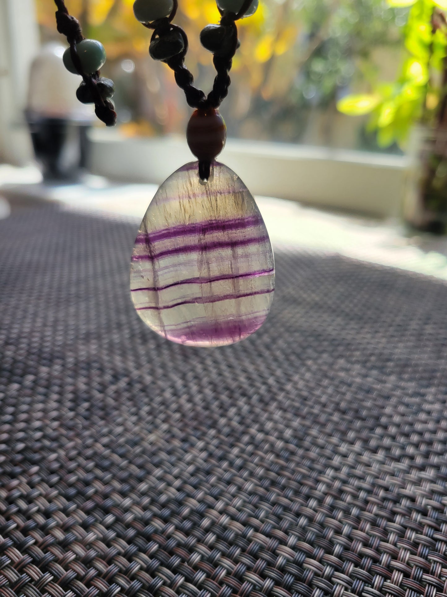 “Spirit Veil” – Purple Banded Fluorite Pendant Necklace, Brown Cord with Multicolored Stone Beads, Adjustable