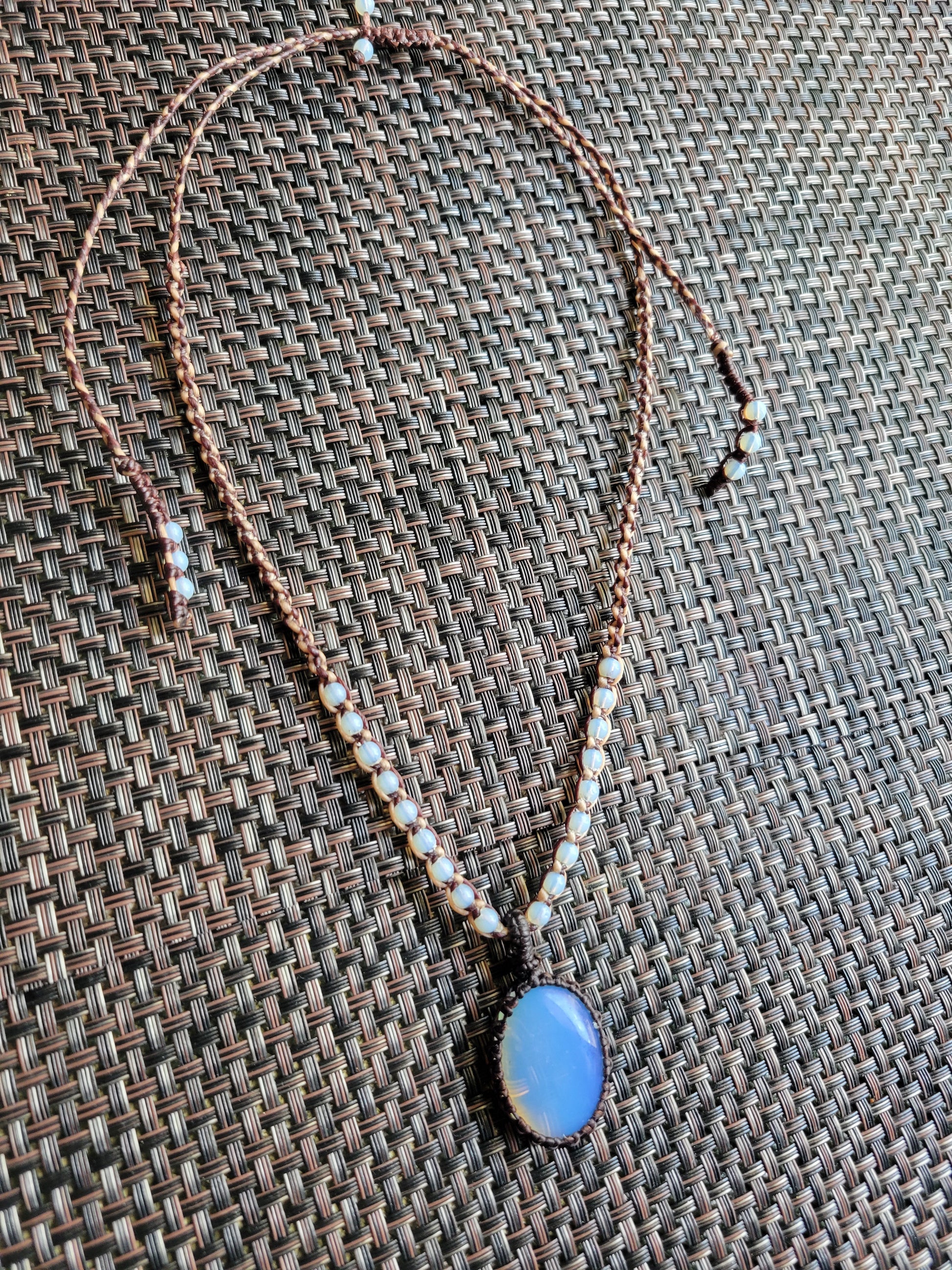 Opalite Pendant Necklace – Moon Haze Necklace with smooth opalite stone and woven macramé design
