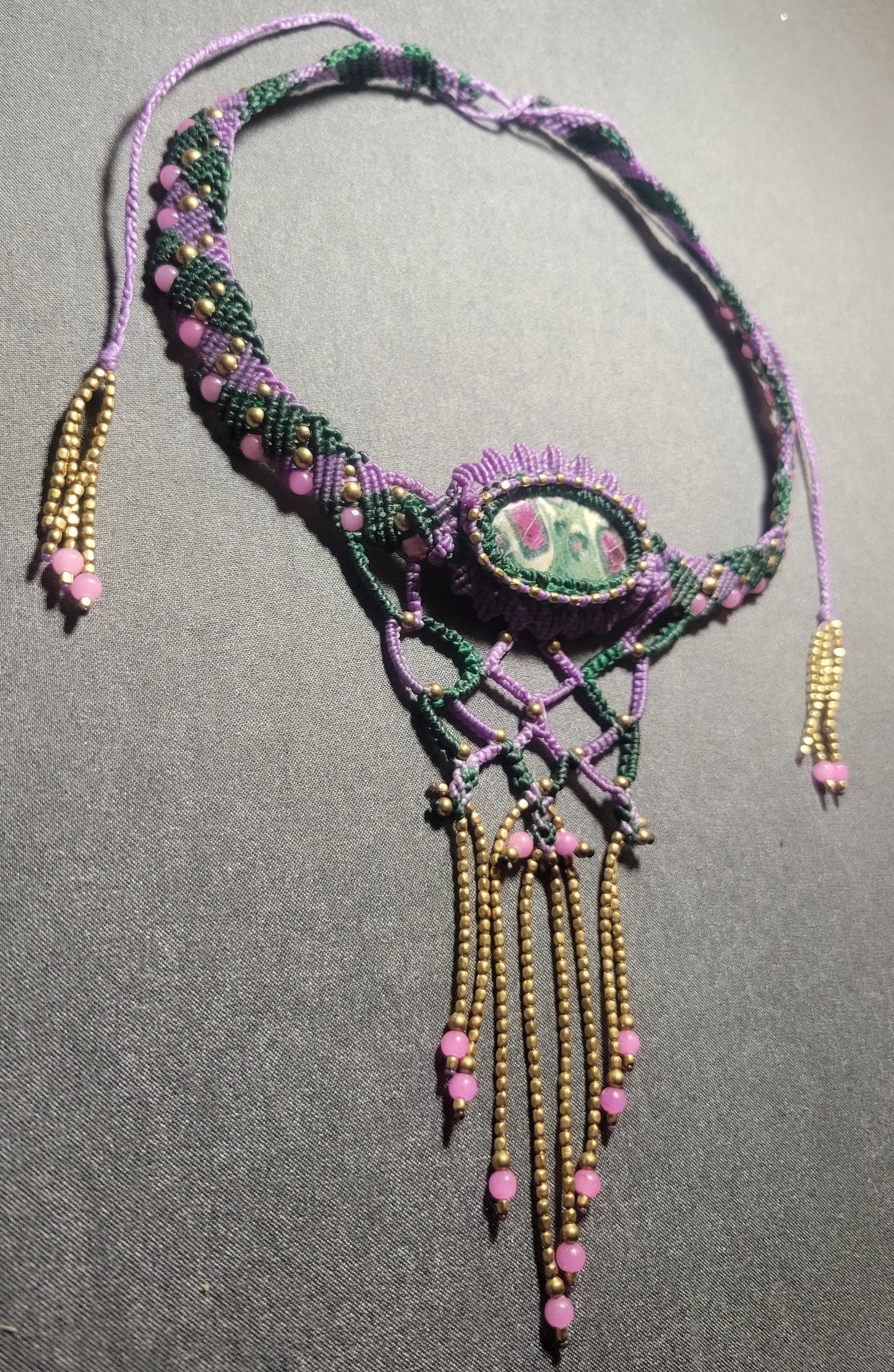 Adjustable macramé ruby zoisite pendant necklace