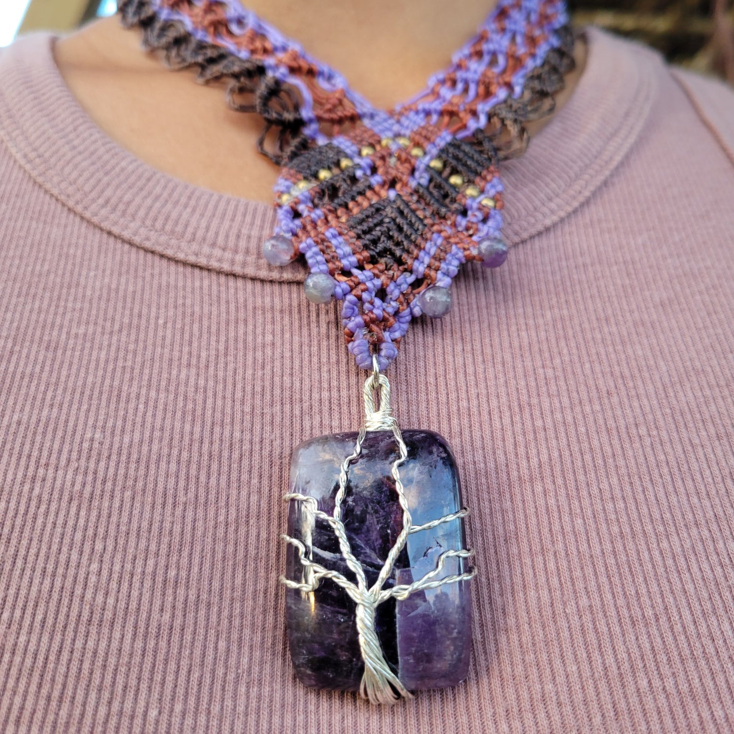 Amethyst Pendant Necklace – Tree of Life Boho Macramé Choker