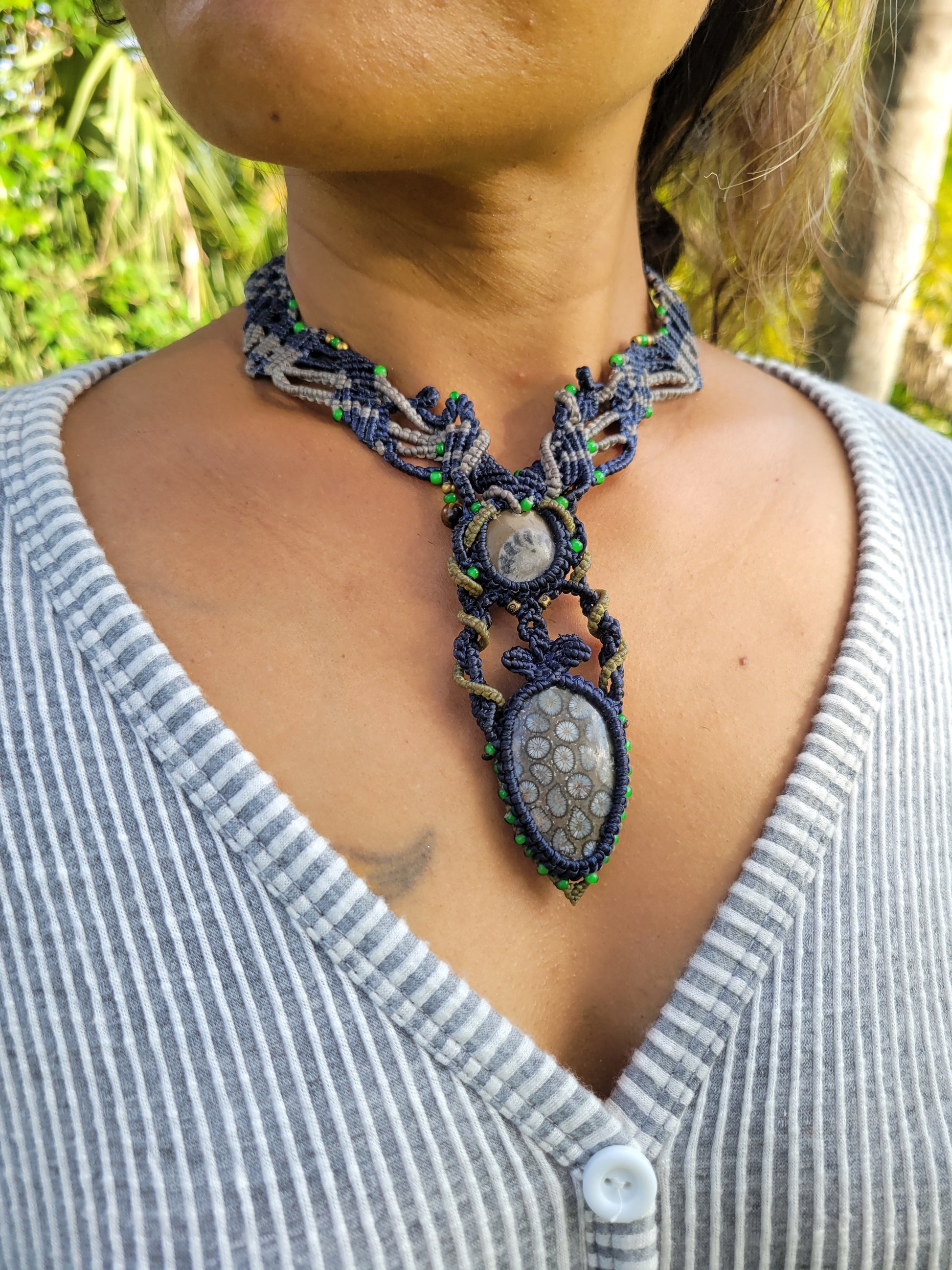 Boho Fossil Jewelry choker with ammonite and coral pendants