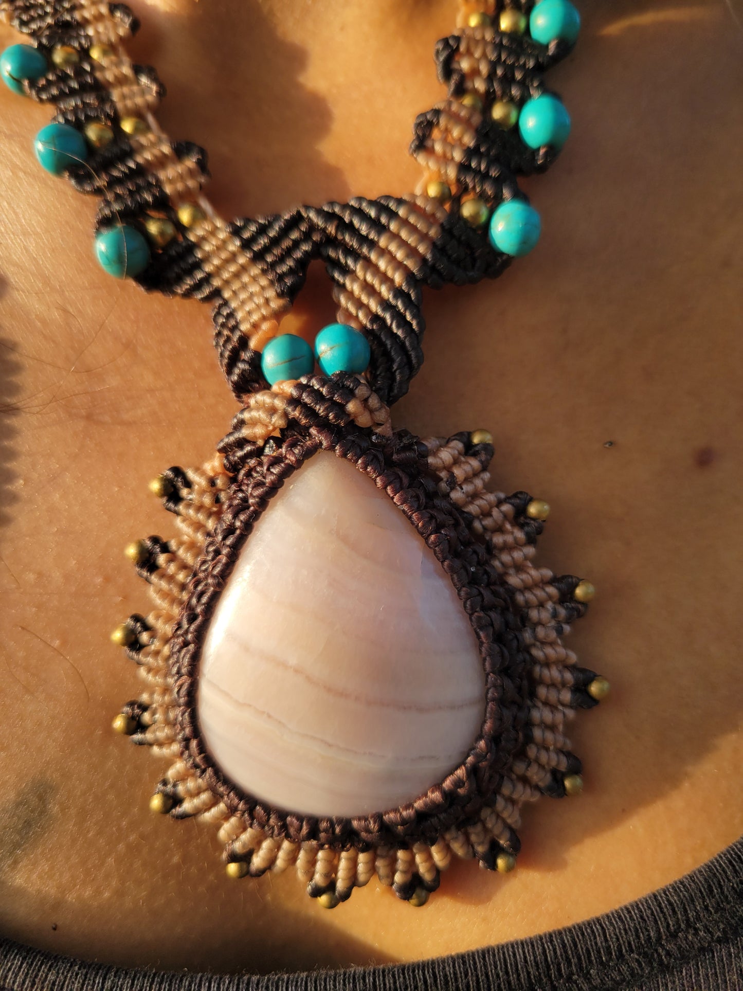 Ornate Pink Calcite Pendant Necklace – Elegant Macramé with Brass & Turquoise Accents