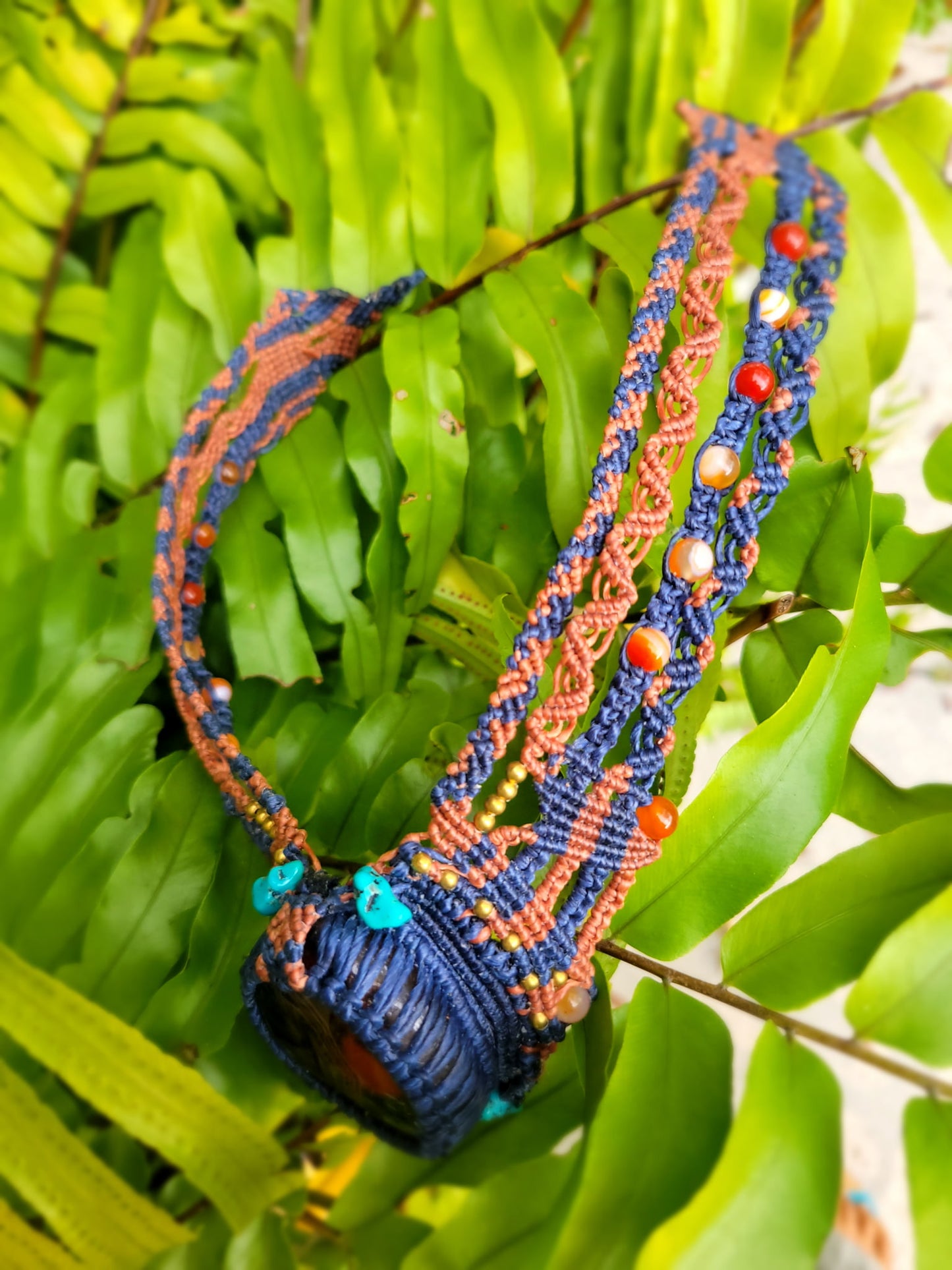 Multistranded Choker Necklace – Carnelian, Turquoise & Brass with Black Agate Radiant Pendant