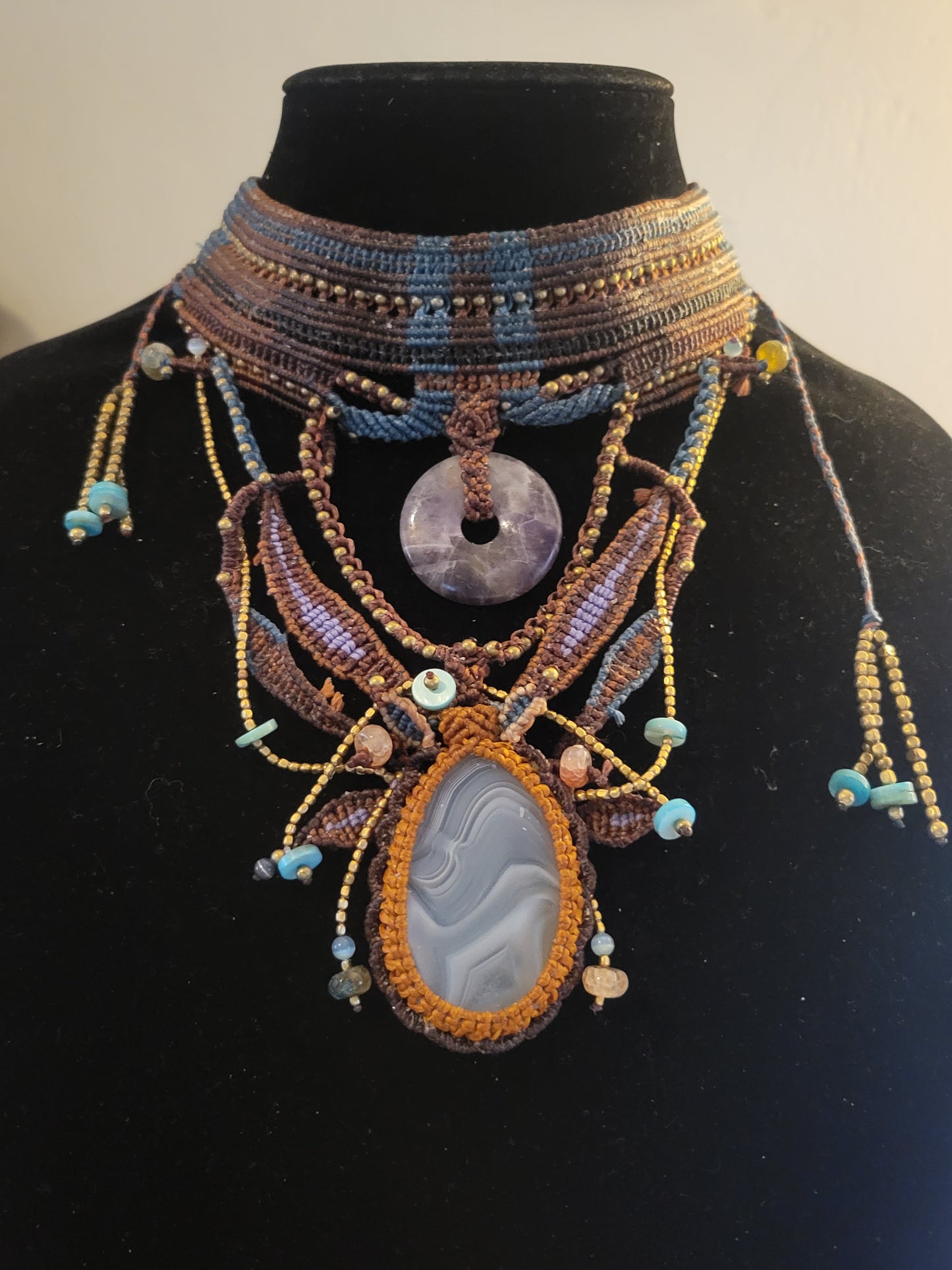 Tribal Jewelry – ornate woven boho chestplate choker with macramé, agate, and amethyst embellishments.