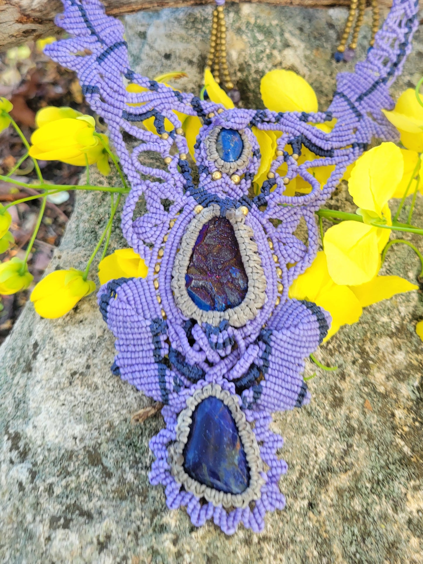 Lapis Lazuli Titanium aura and sodalite riple pendant boho necklace