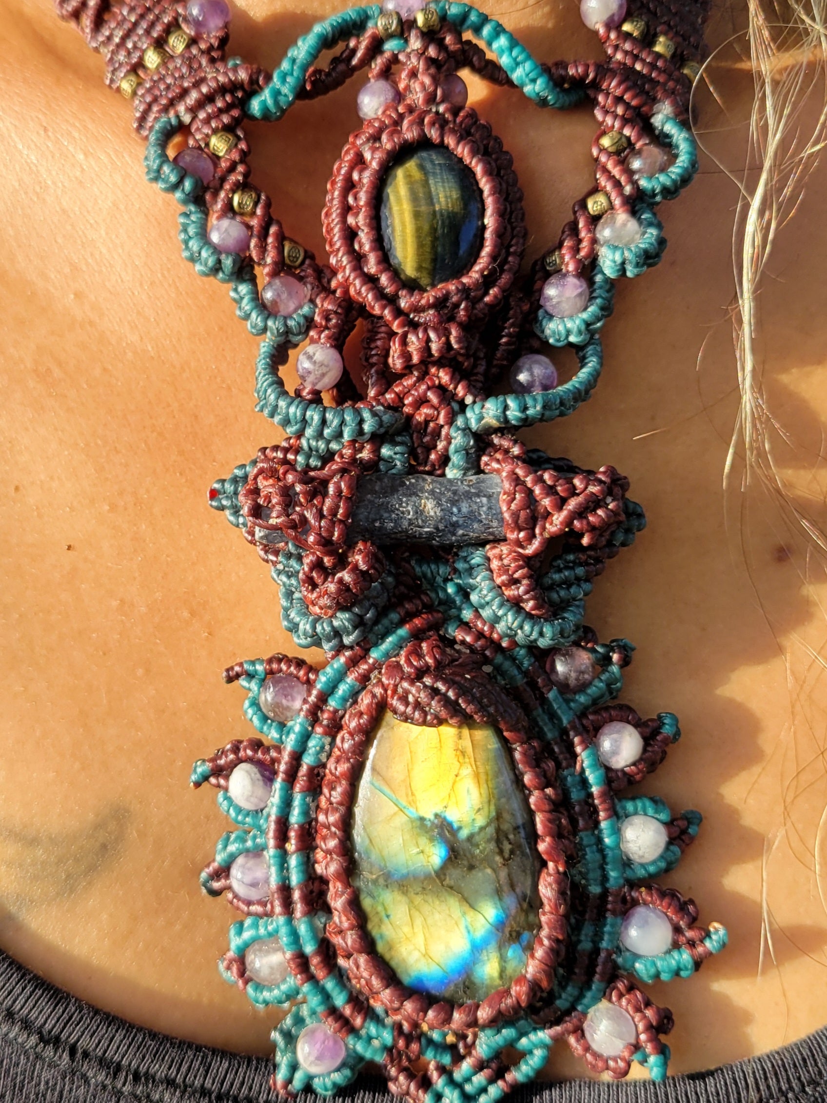 Labradorite Mandala Pendant  with Amethyst, Black Tourmaline & Tiger’s Eye