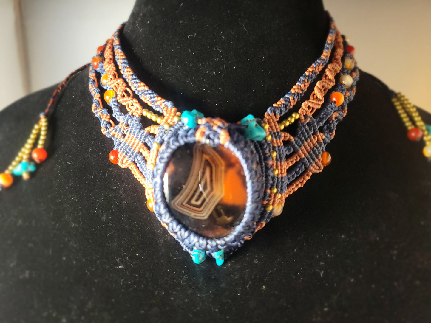 Multistranded Choker Necklace – Carnelian, Turquoise & Brass with Black Agate Radiant Pendant
