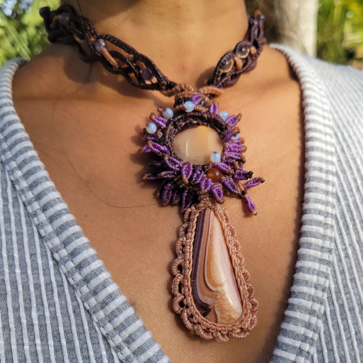 Ornate jasper jewelry with Shiva’s Eye shell pendant