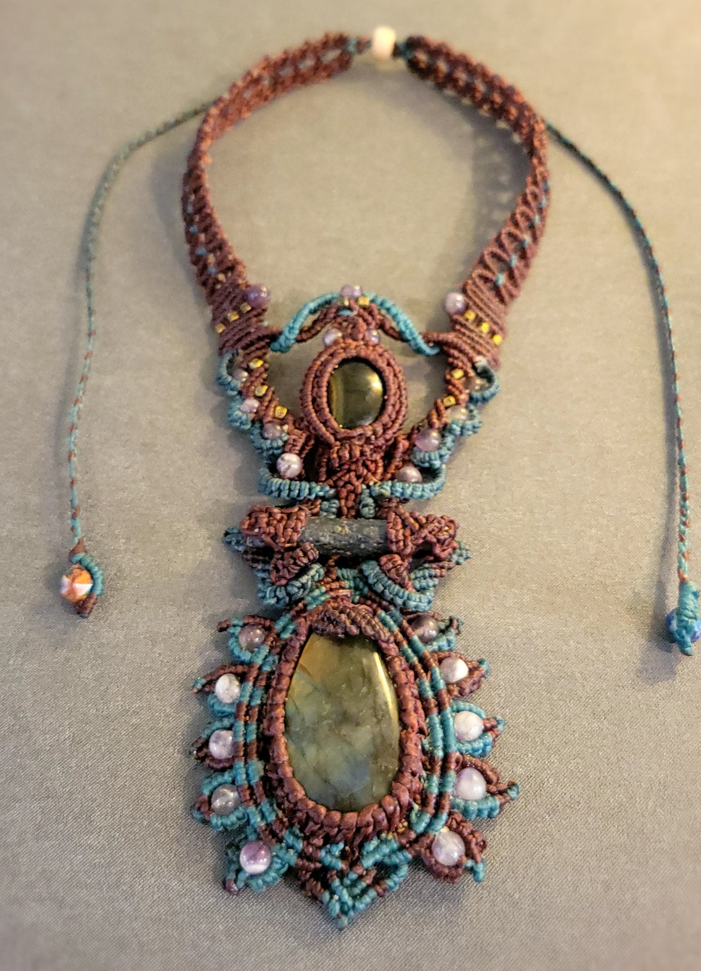 Labradorite Mandala Pendant Necklace – Macramé with Amethyst, Tourmaline & Tiger’s Eye