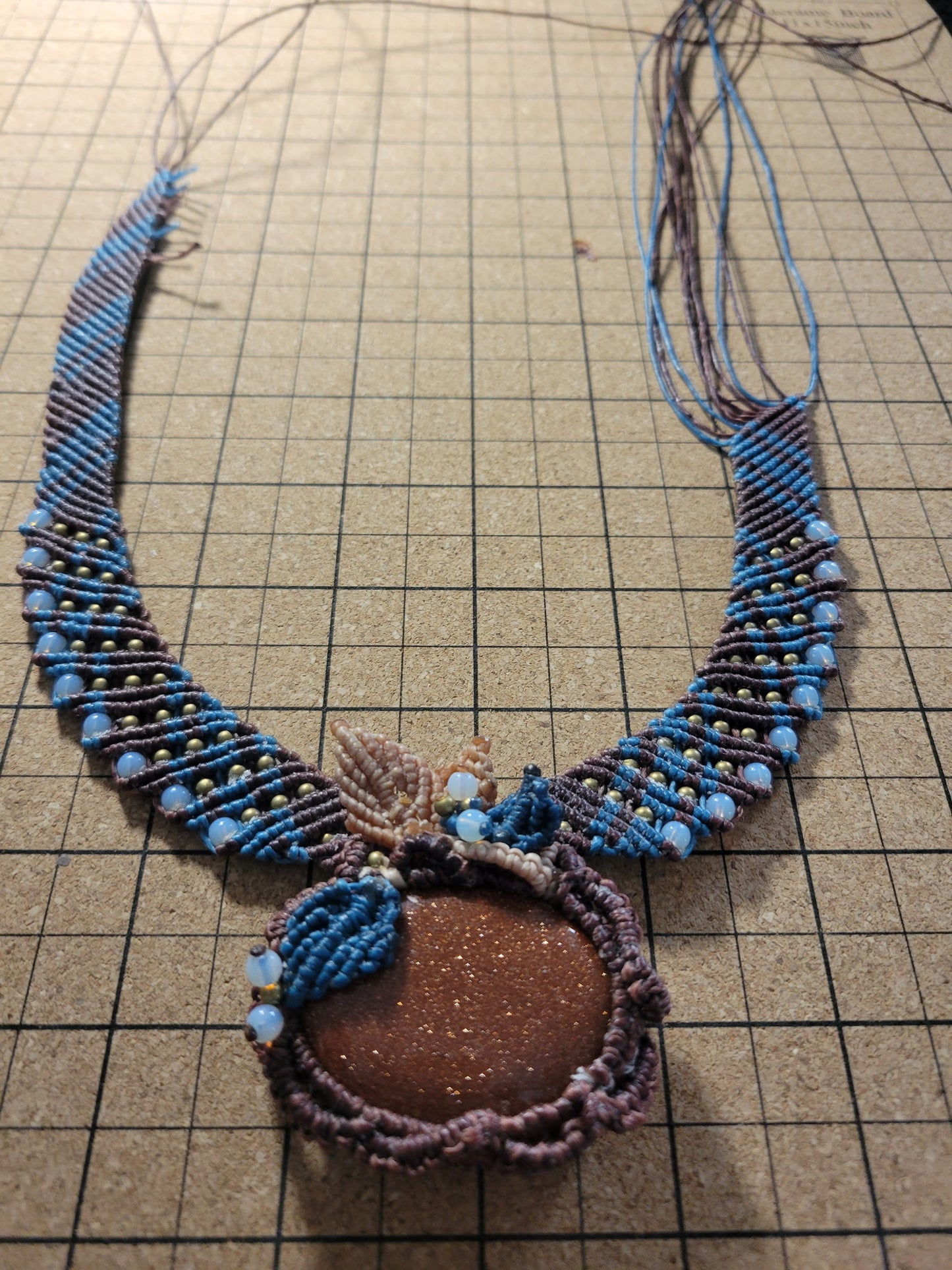 Golden Sandstone Macramé Choker – Boho Statement Necklace with Antique Brass & Blue Accents
