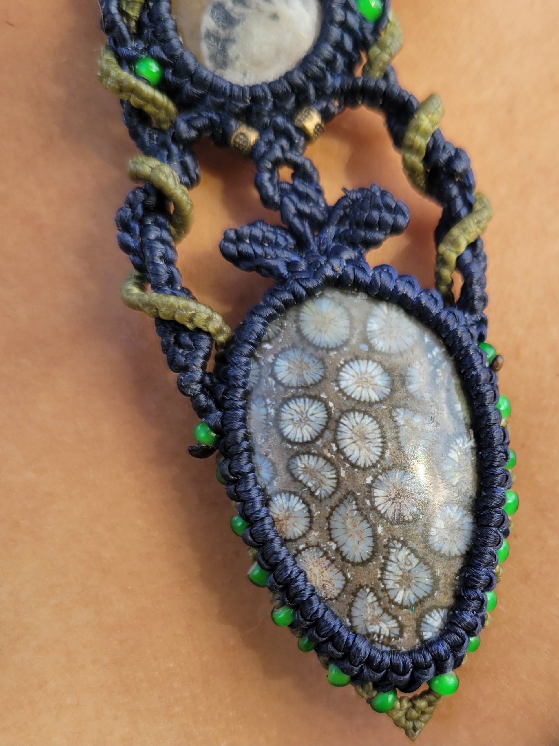 Double fossil pendant necklace with coral and ammonite fossils