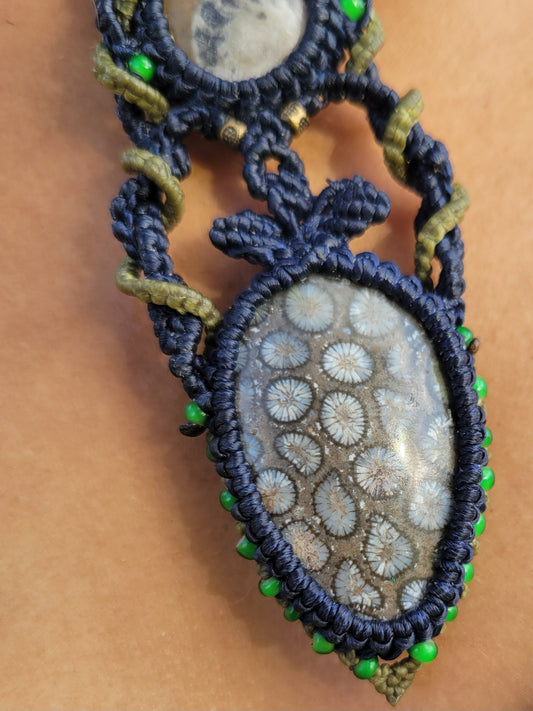Double fossil pendant necklace with coral and ammonite fossils