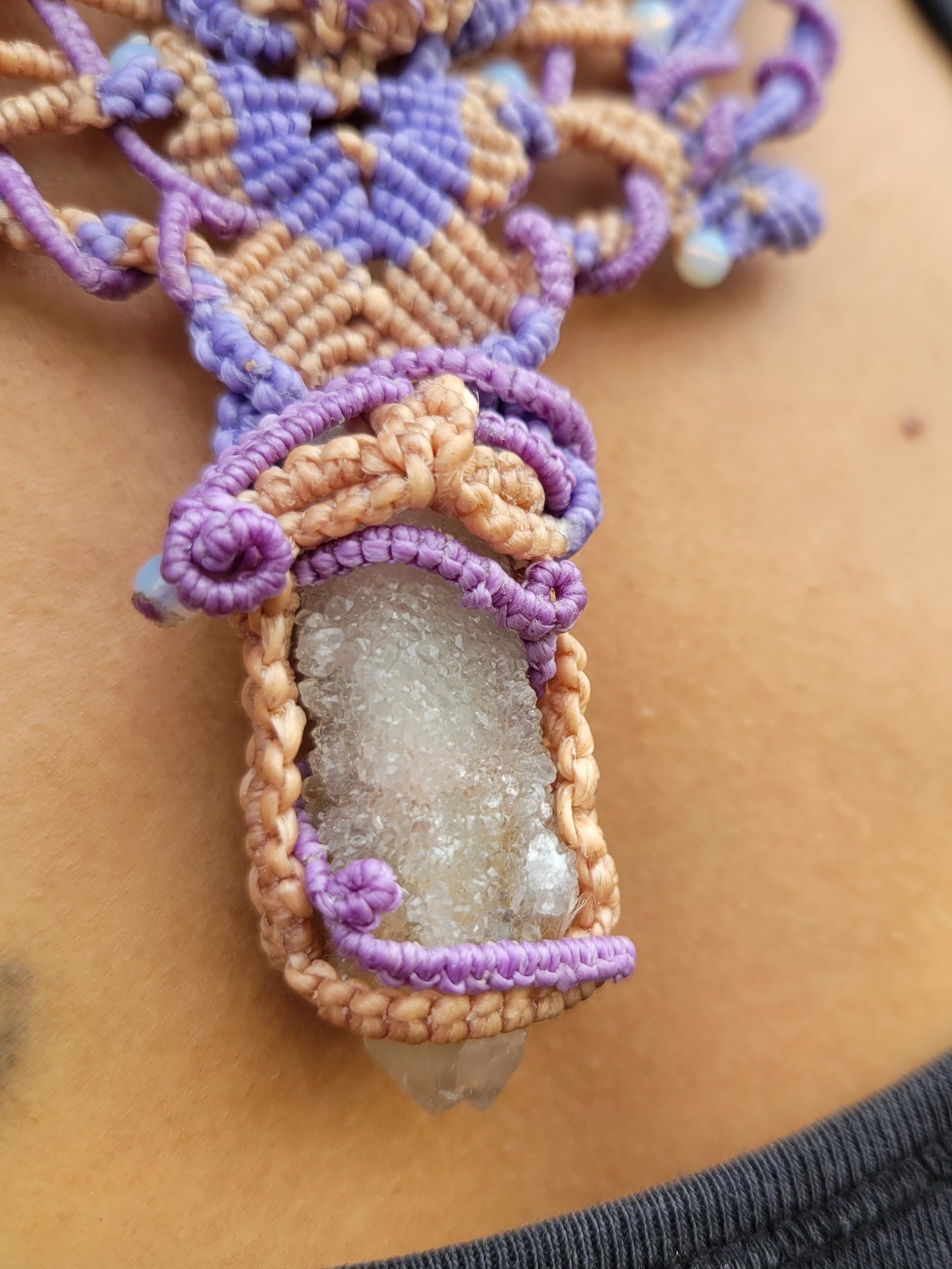 Psychedelic Double Druzy Quartz Choker Macramé Necklace Purple & Beige