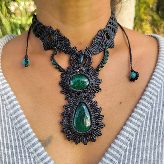 Handmade malachite necklace with double mandala pendants