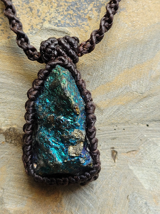 Raw Peacock Ore Necklace – Shimmering Bornite Amulet on Adjustable Braided Cord