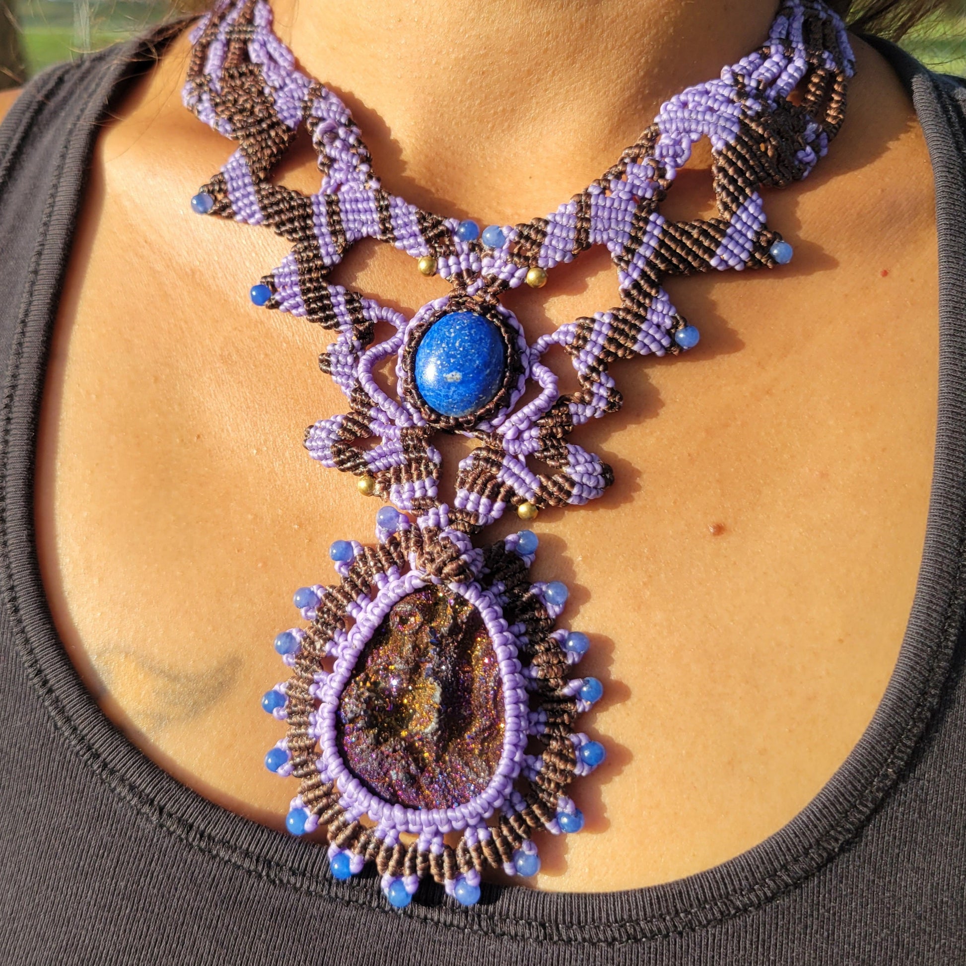 Lapis Lazuli and Titanium Aura long boho necklace