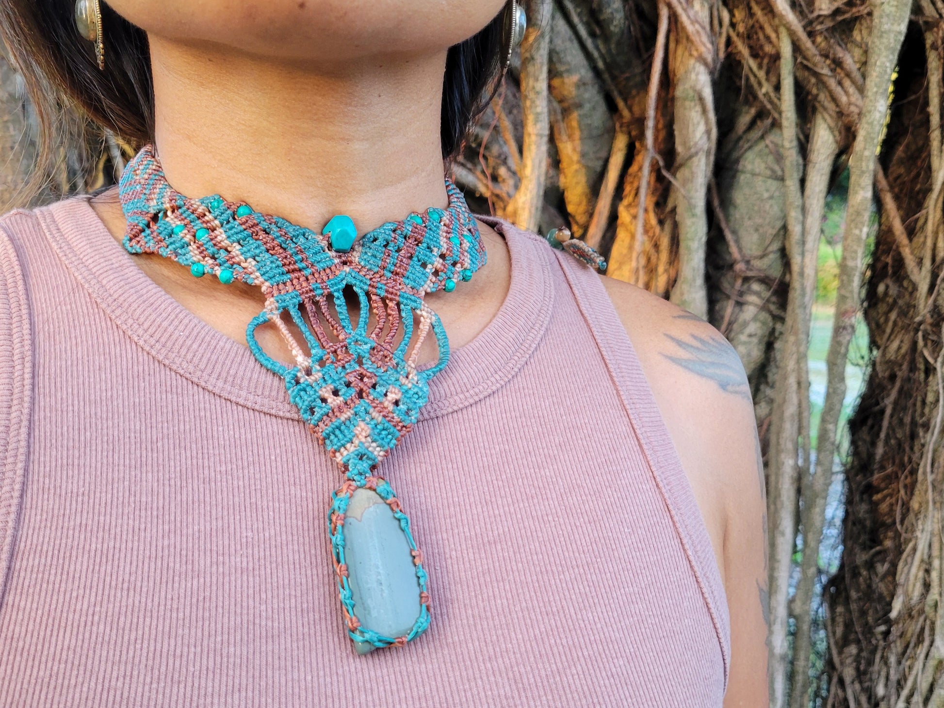 Jasper Stone Jewelry – Boho luxe choker featuring natural Picture Jasper with turquoise and aquamarine accents.