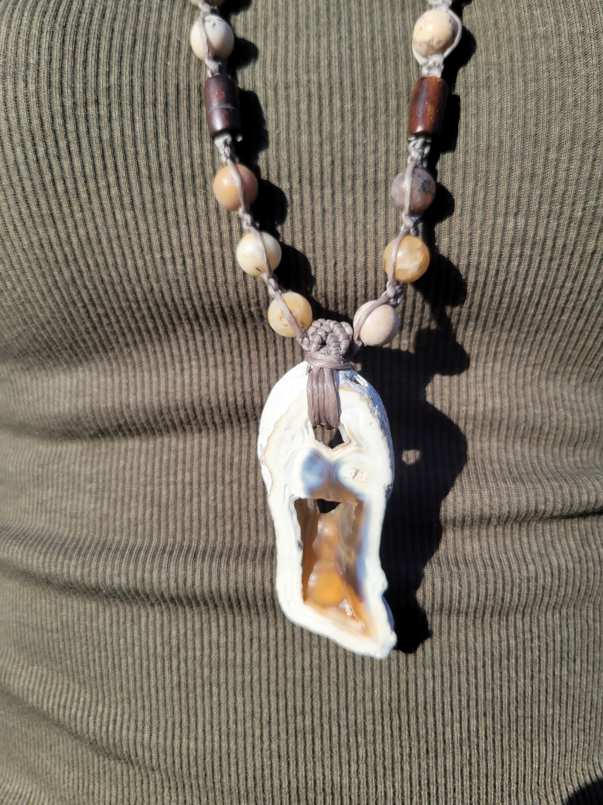 Agatized Coral Necklace with jasper agate and wood bead strand
