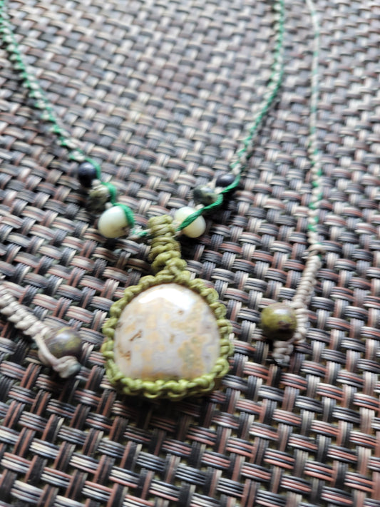 “Soft Earth” – Cream Jasper Pendant Necklace, Light & Dark Green Macramé with Stone Beads, Adjustable for All Ages