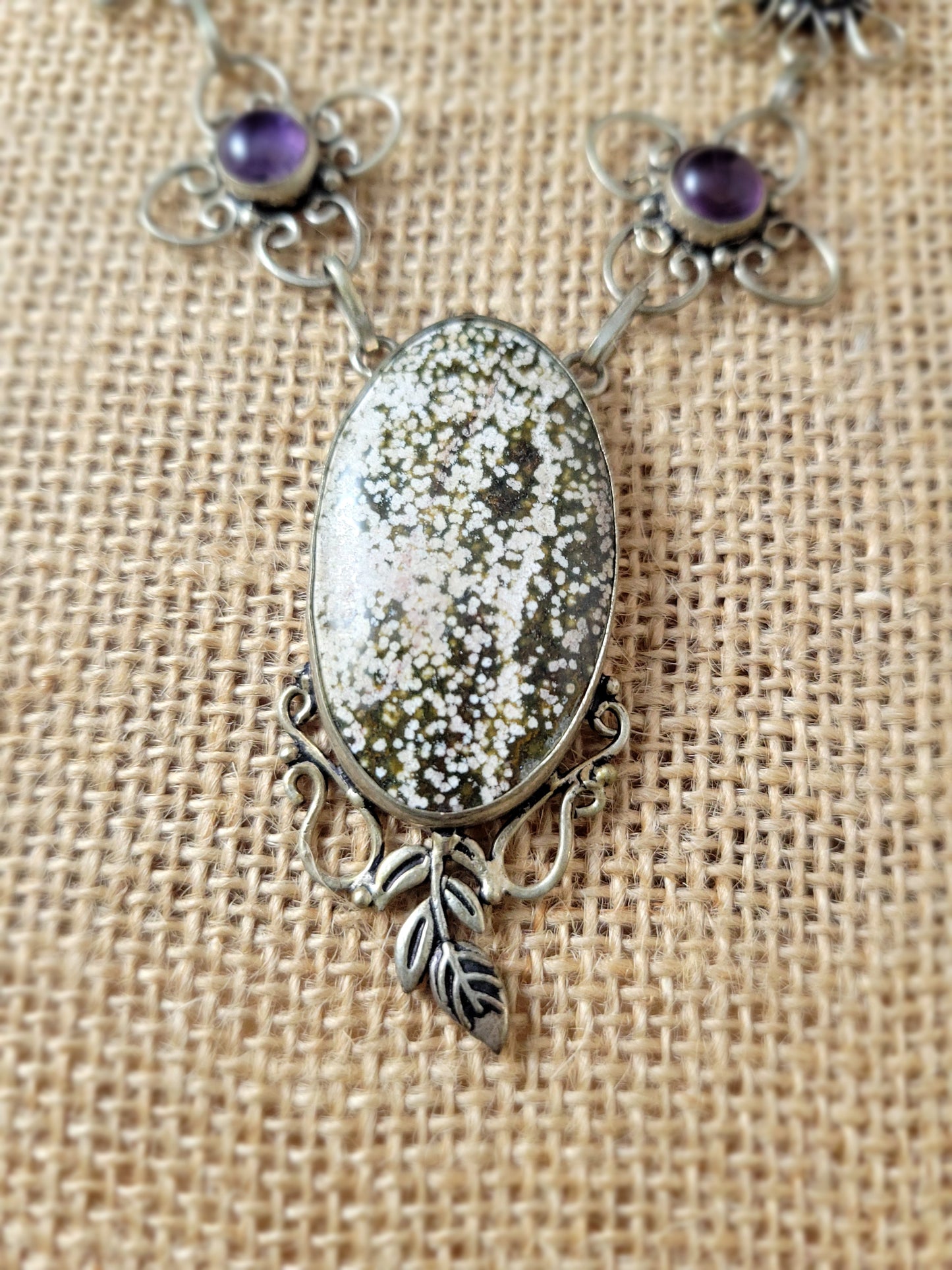 Vintage Snowflake Obsidian & Amethyst Necklace – Sterling Silver Boho Pendant Jewelry