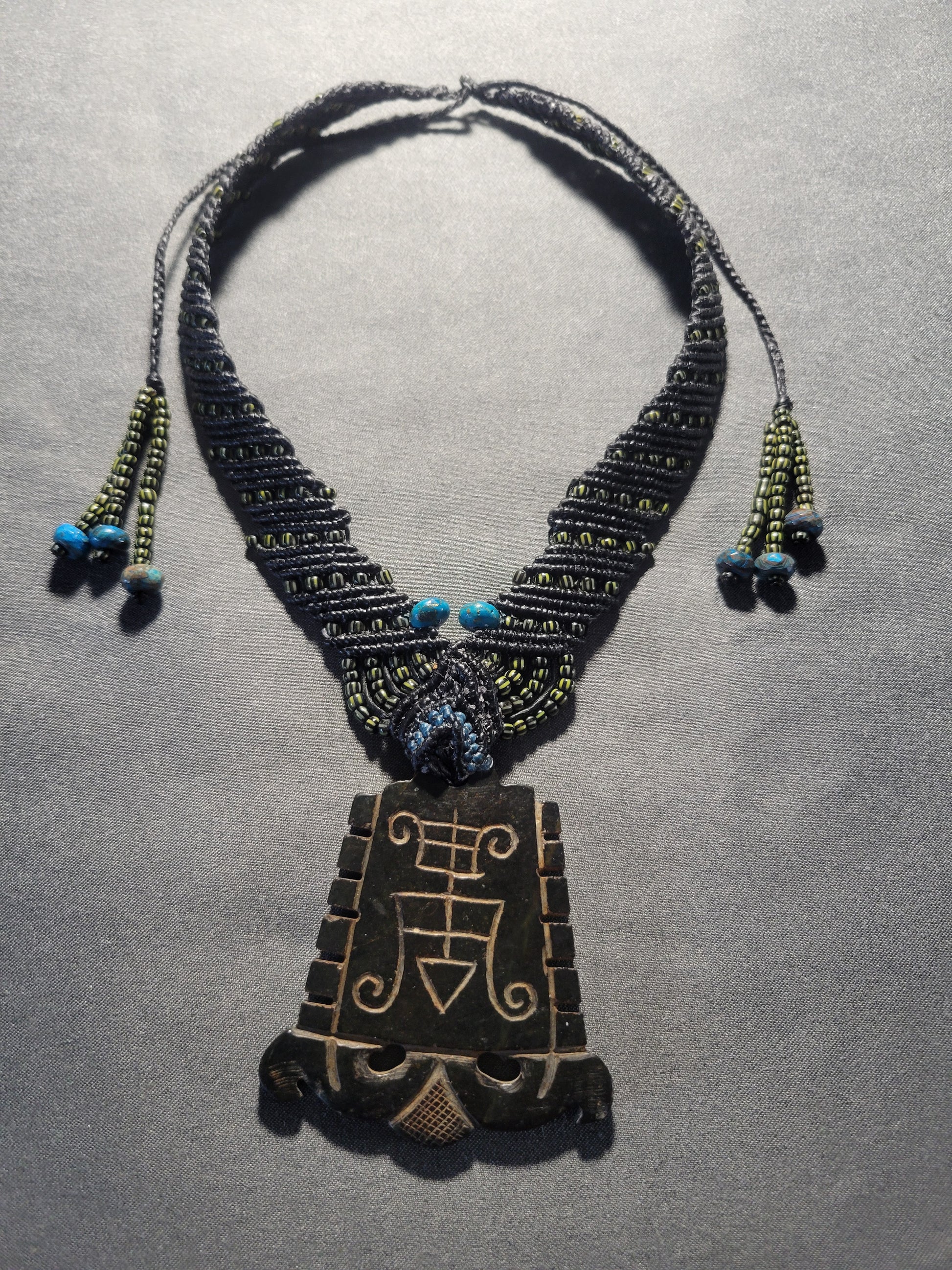 Rare Vintage Black Jade Veve Pendant Necklace-African Amulet