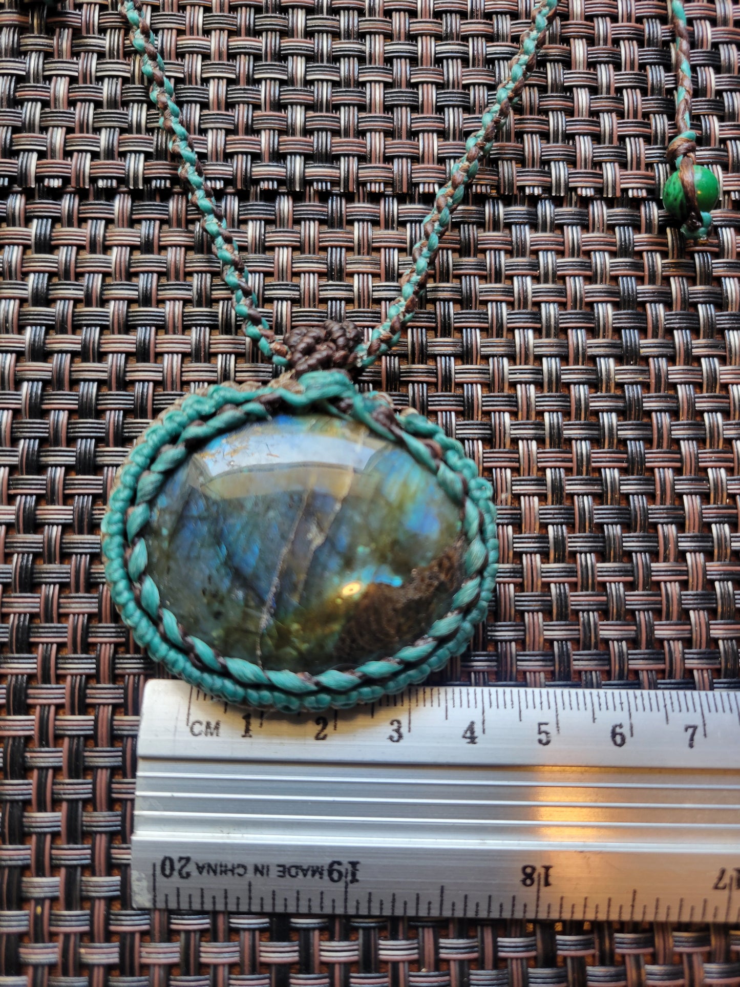 “Stormlight” – Oval Labradorite Pendant Necklace, Aquamarine & Dark Brown Cord, Adjustable with Stone Beads
