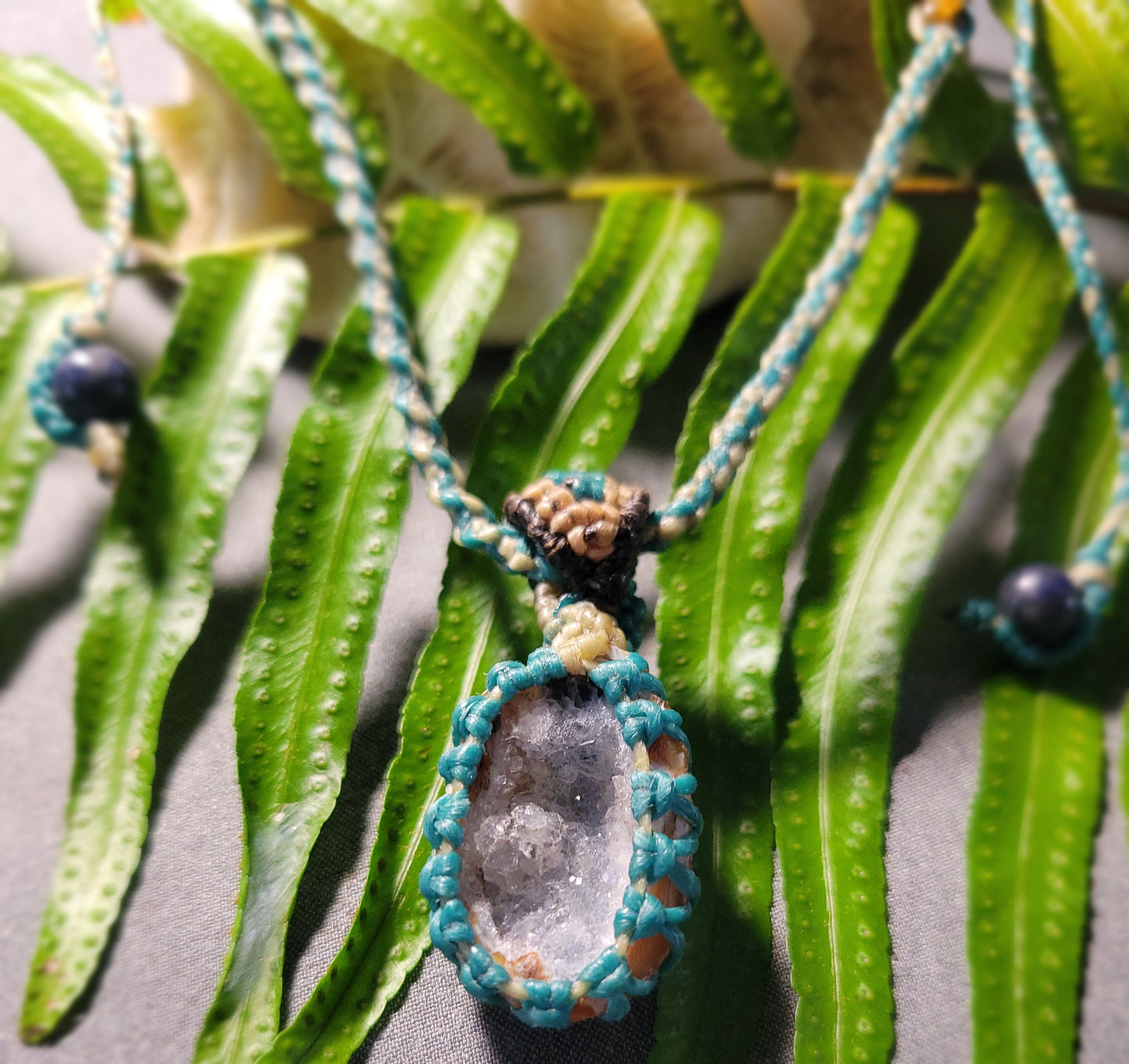 Agate Geode Pendant – Purple Snow Druzy Spiral Boho Necklace with aquamarine cord and natural stone beads.
