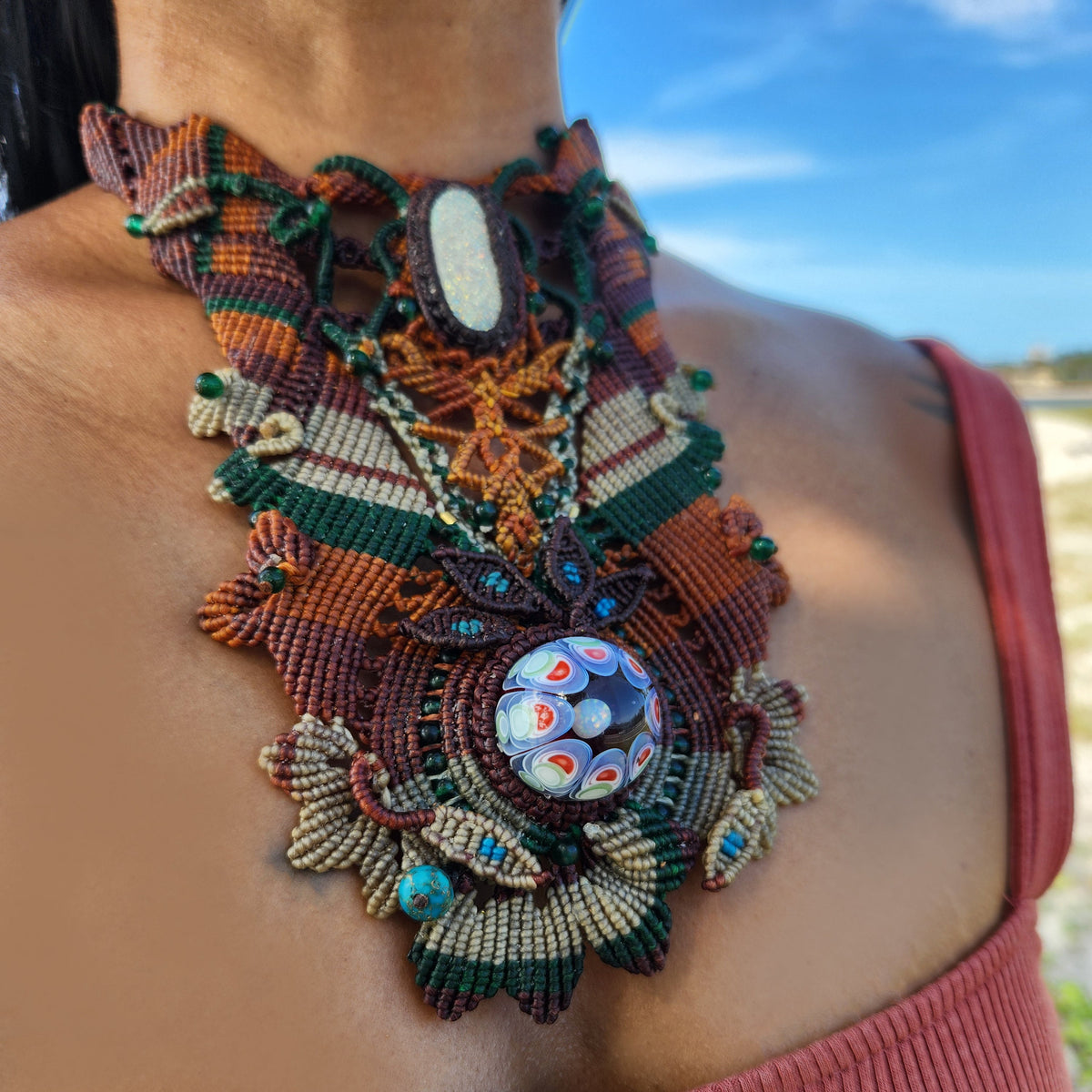 Close-up of a Boho Luxe Choker featuring intricate micromacramé and handmade millefiori details.
