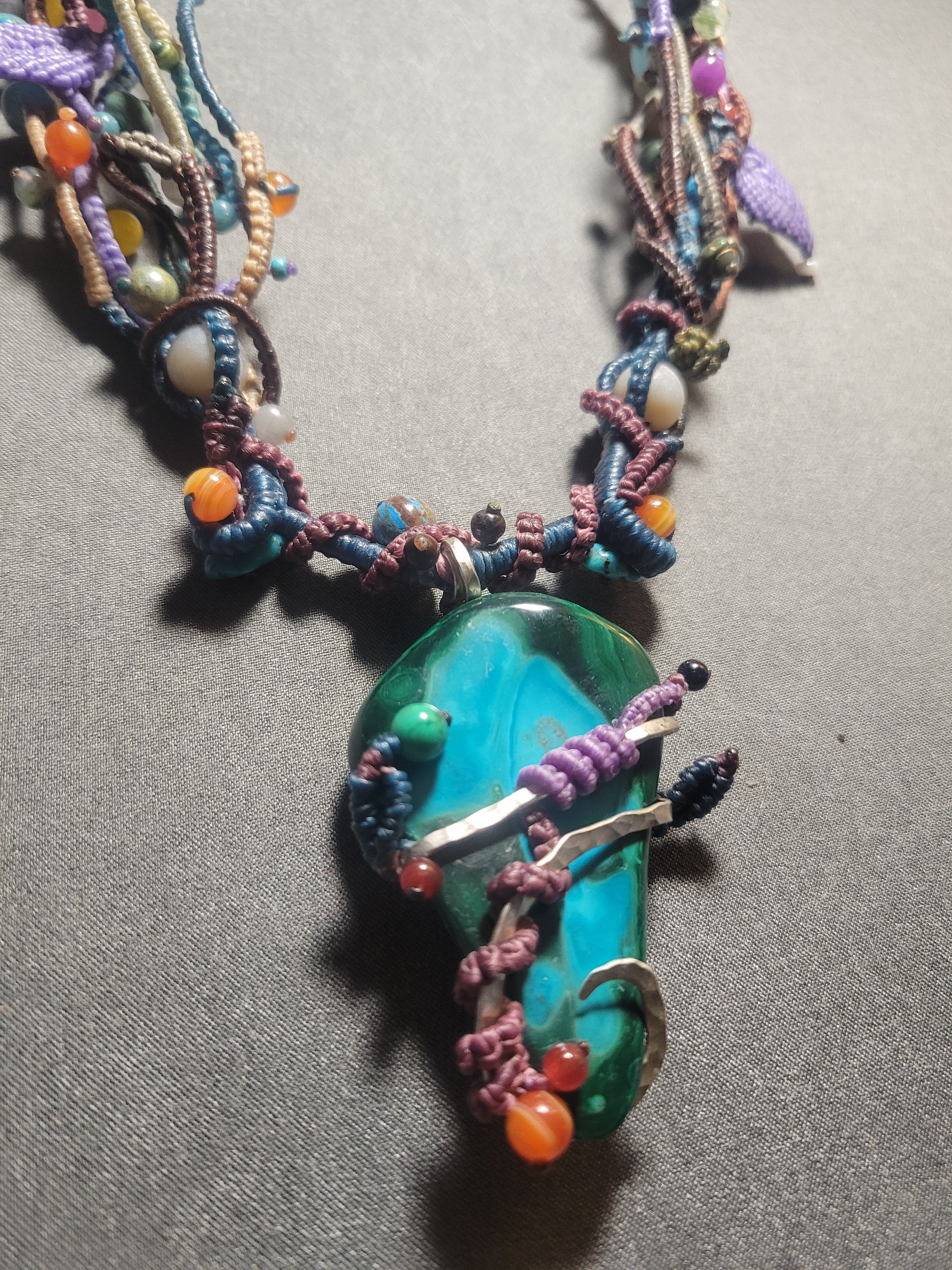 Raw Malachite Pendant necklace with silver wire and colorful beads