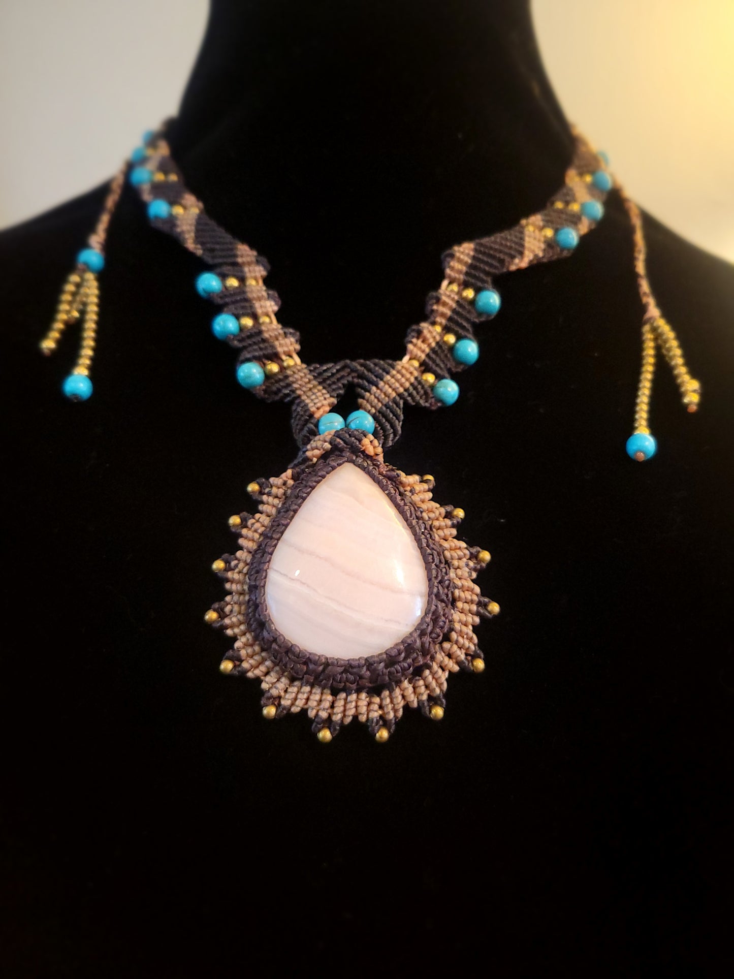 Ornate Pink Calcite Pendant Necklace – Elegant Macramé with Brass & Turquoise Accents